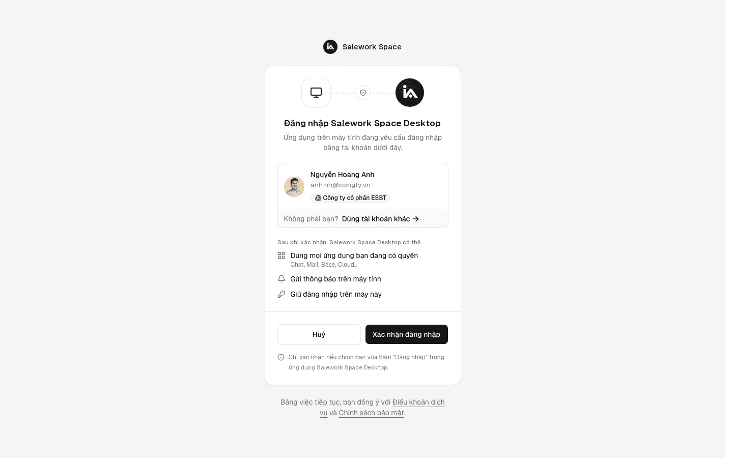 Trang xác nhận đăng nhập app desktop