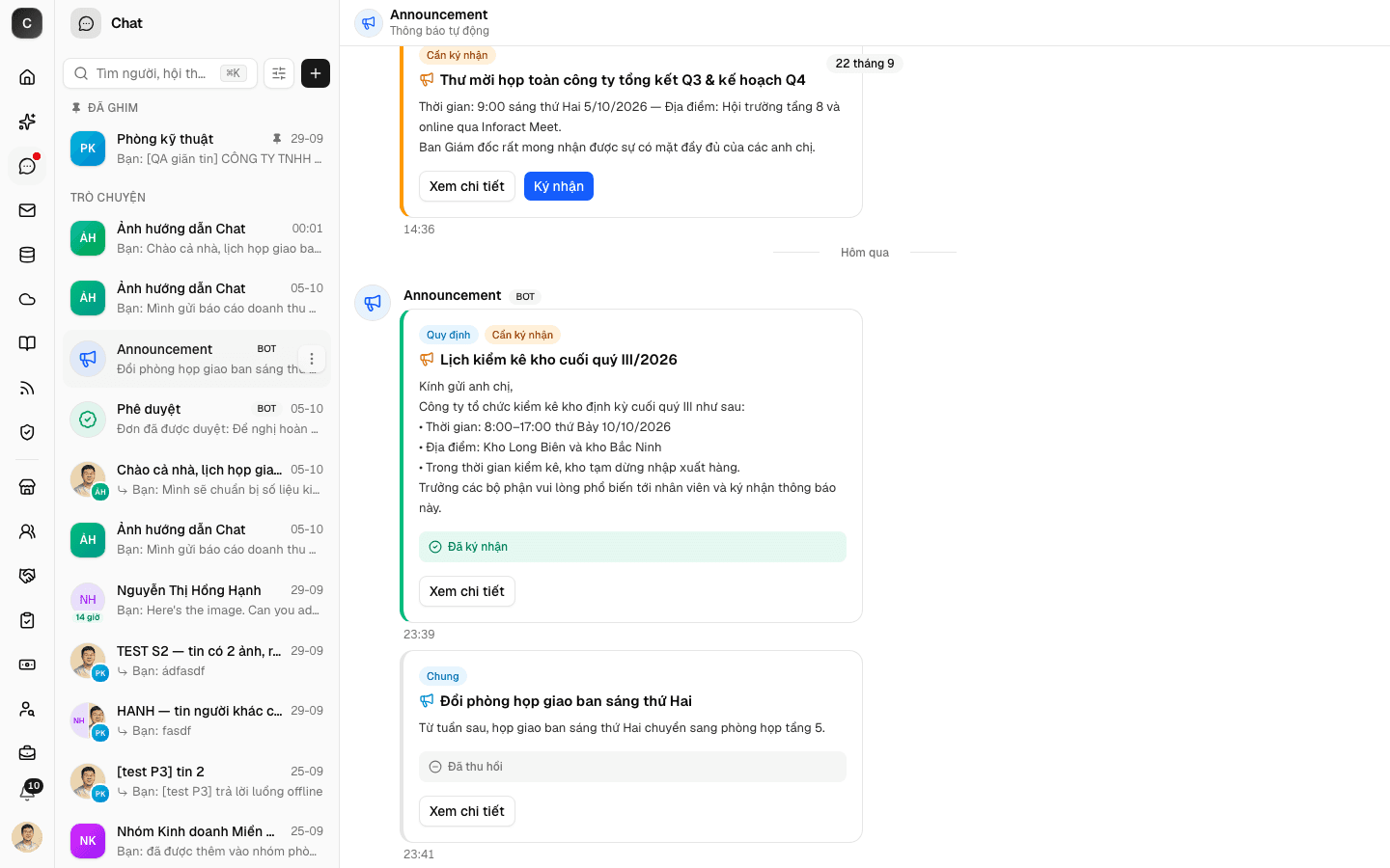 Thẻ thông báo do bot Announcement gửi trong Chat