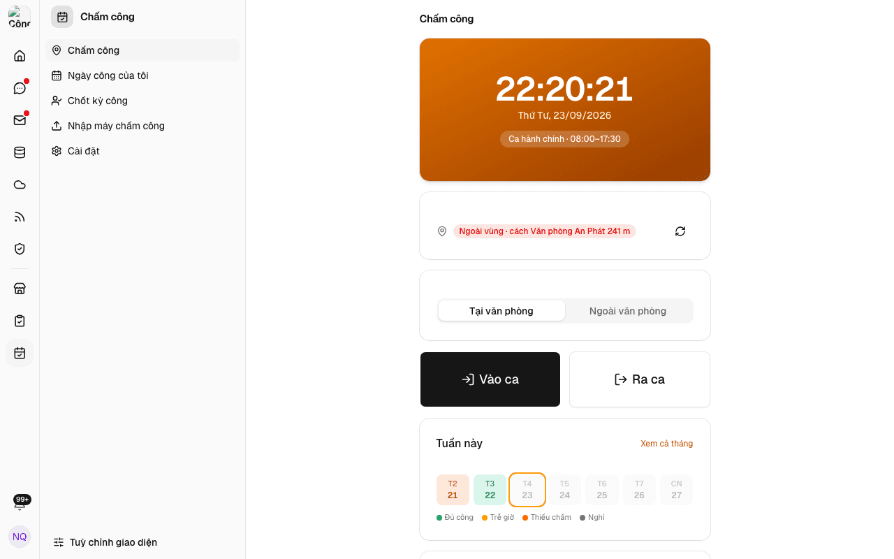 Màn hình Chấm công trên web