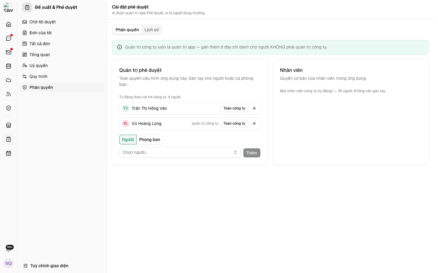 Tab Phân quyền của app Đề xuất & Phê duyệt
