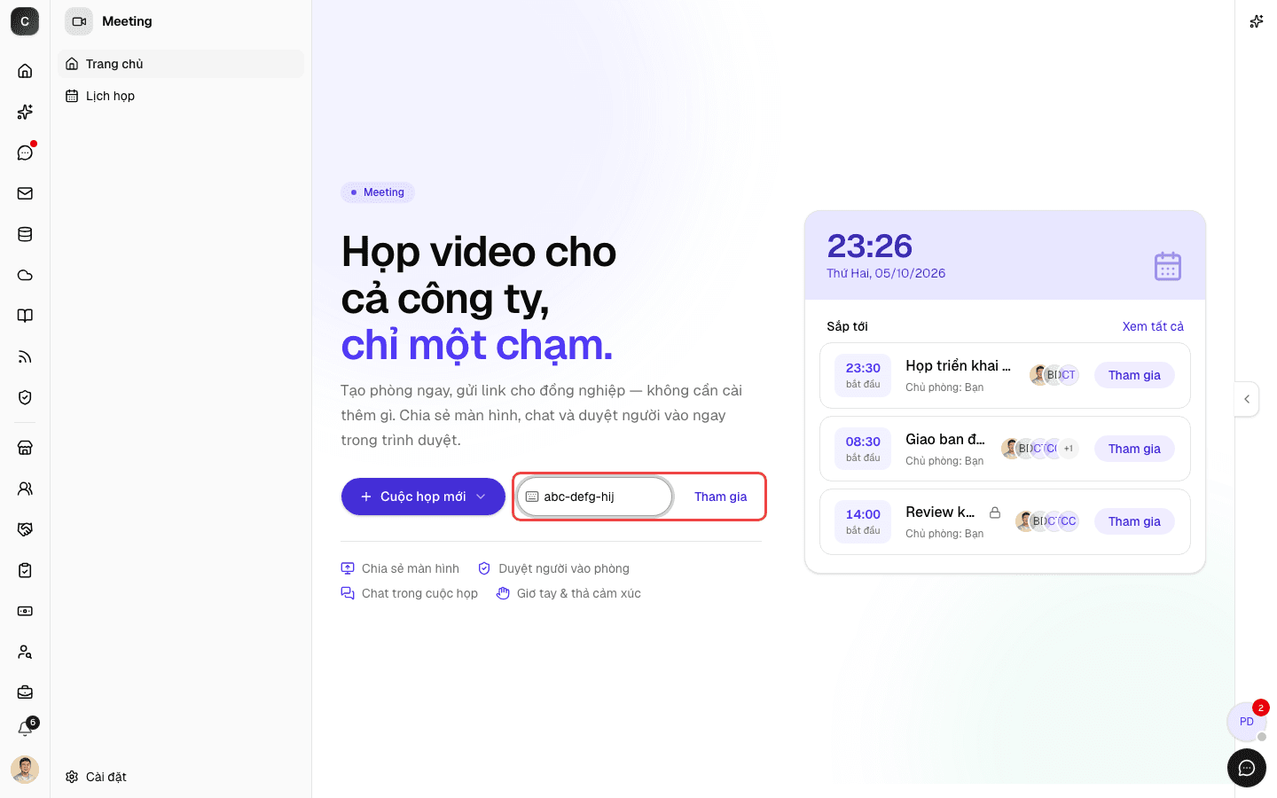 Ô nhập mã cuộc họp trên Trang chủ