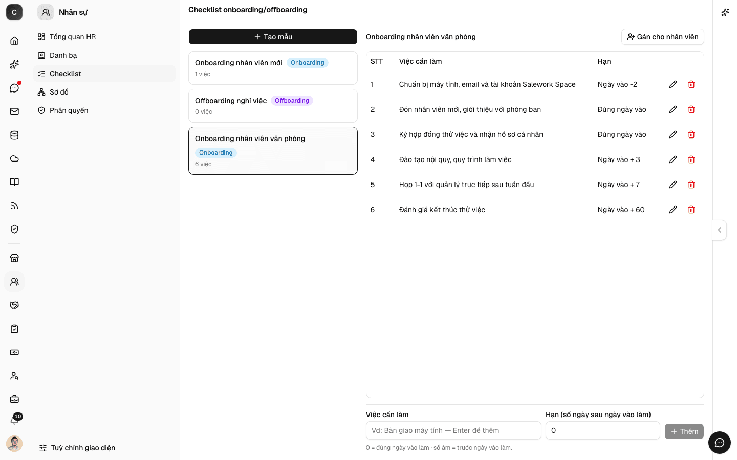 Trang Checklist onboarding/offboarding