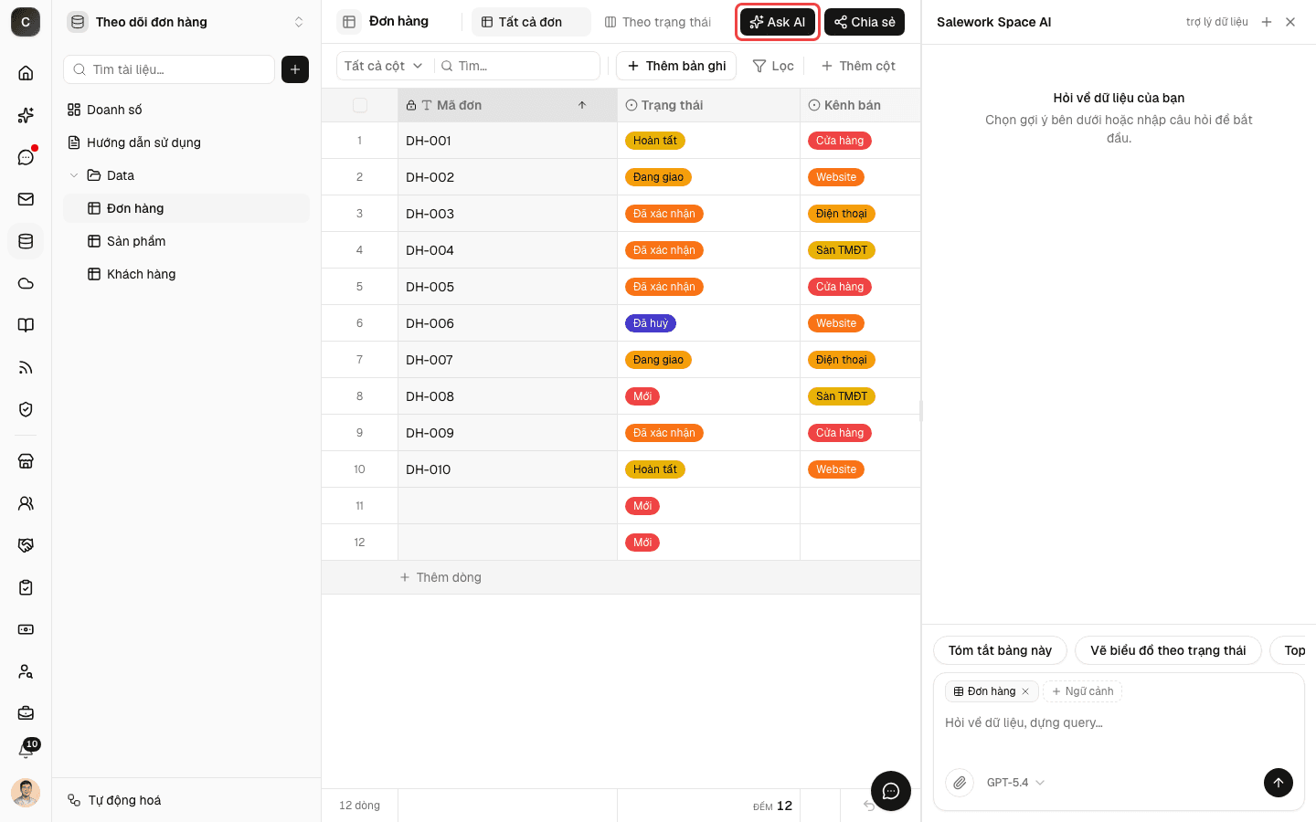 Nút Ask AI và panel trợ lý trong bảng Base