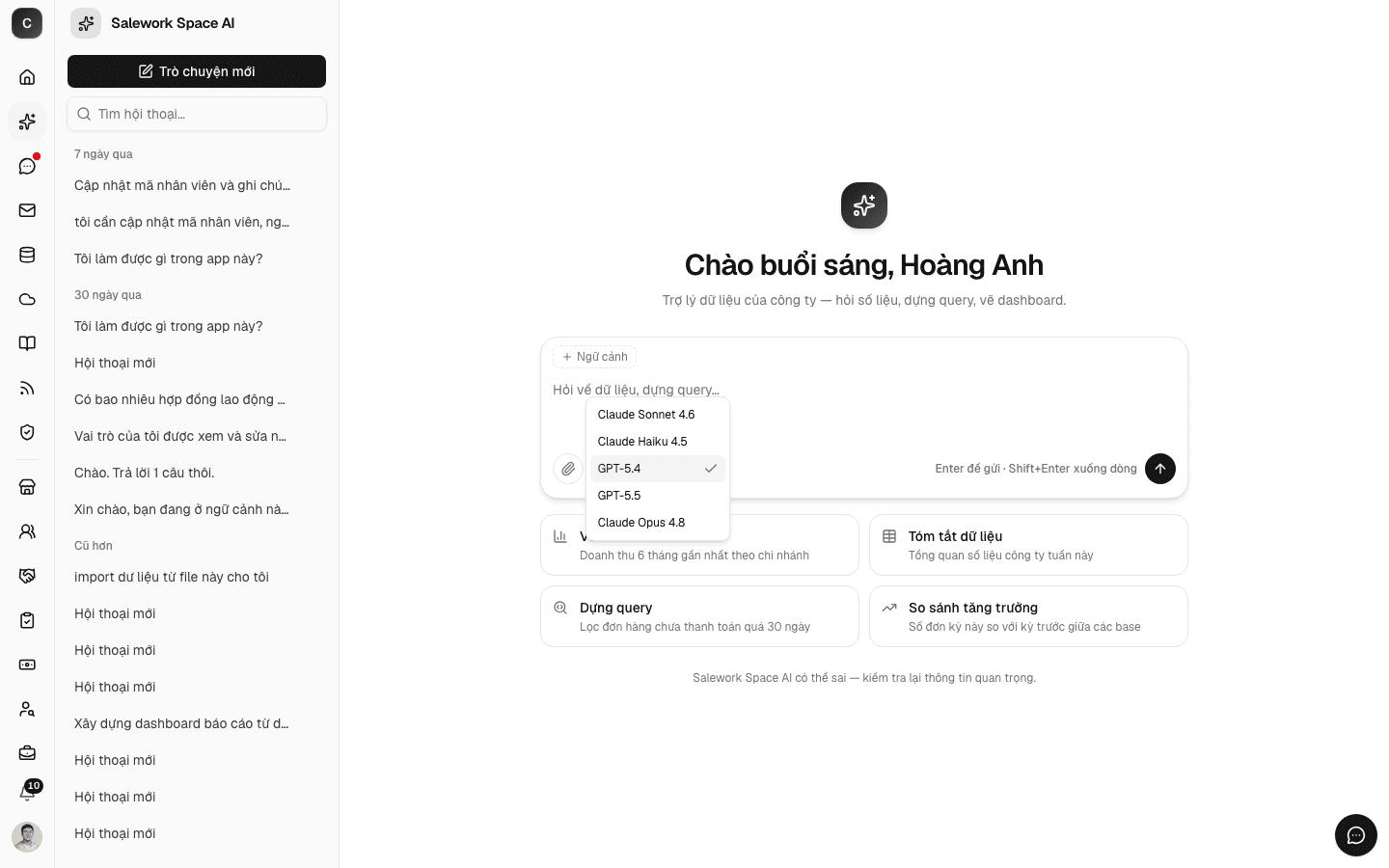 Danh sách chọn model AI