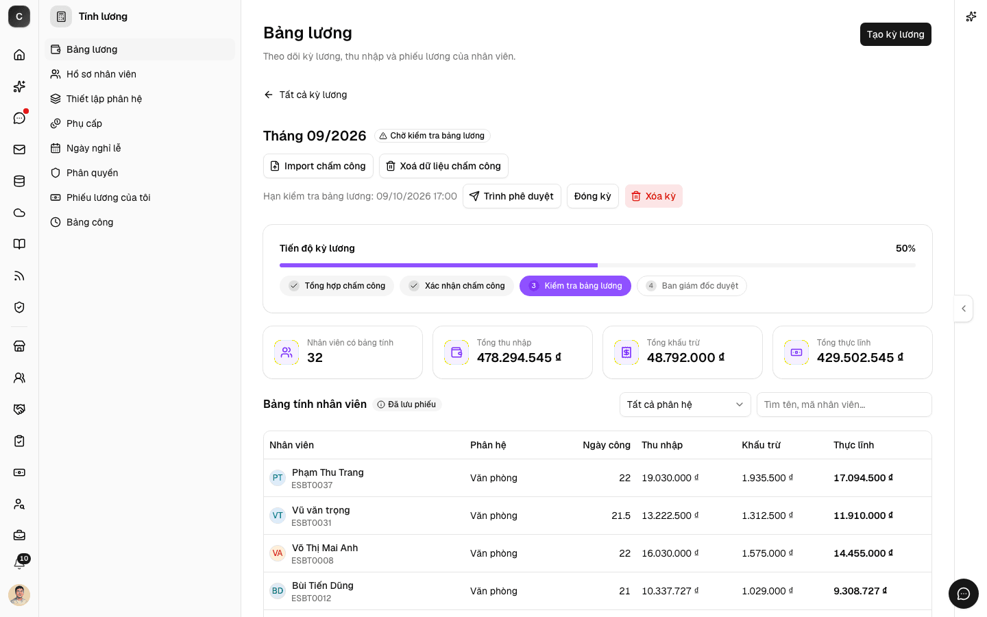 Chi tiết một kỳ lương trong app Tính lương