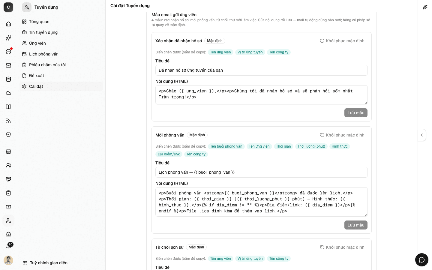 Mục Mẫu email gửi ứng viên