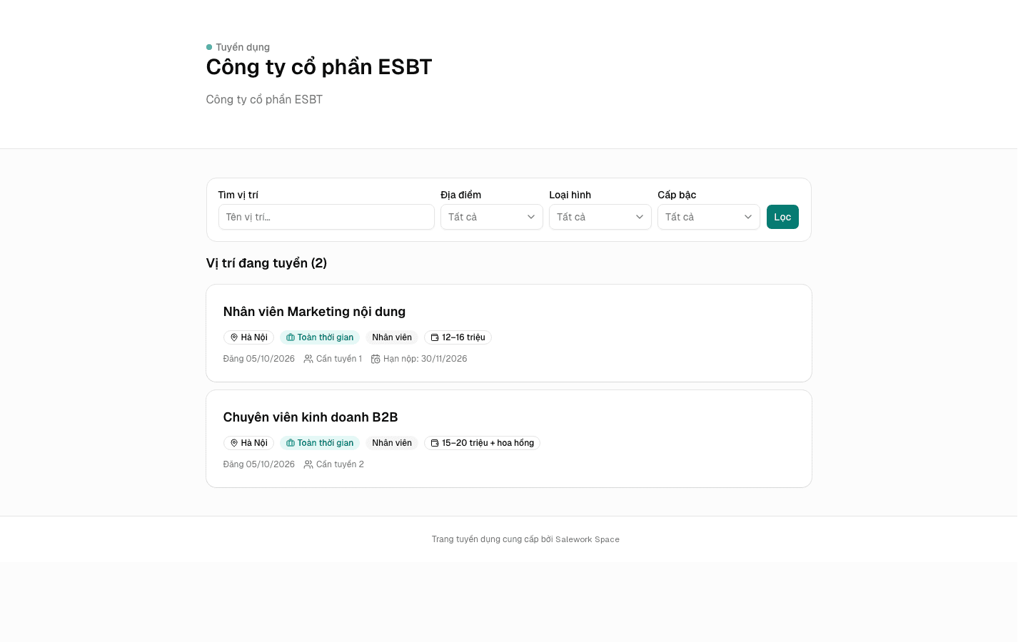 Trang tuyển dụng công khai của công ty