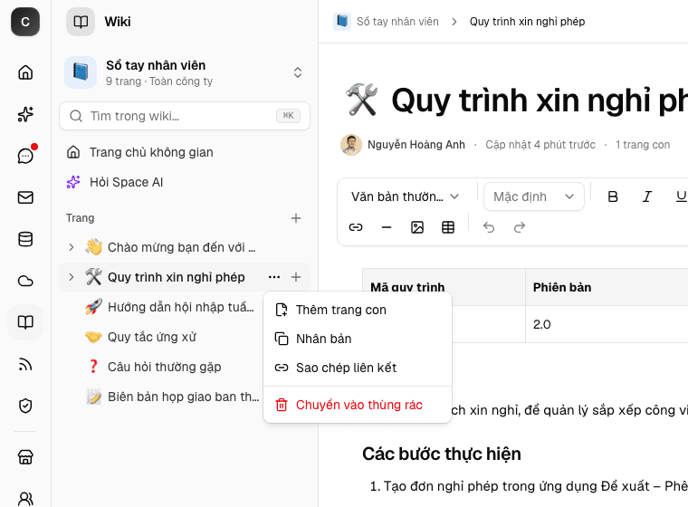 Menu thao tác của trang trên cây