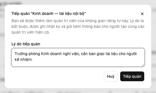 Hộp thoại Tiếp quản không gian