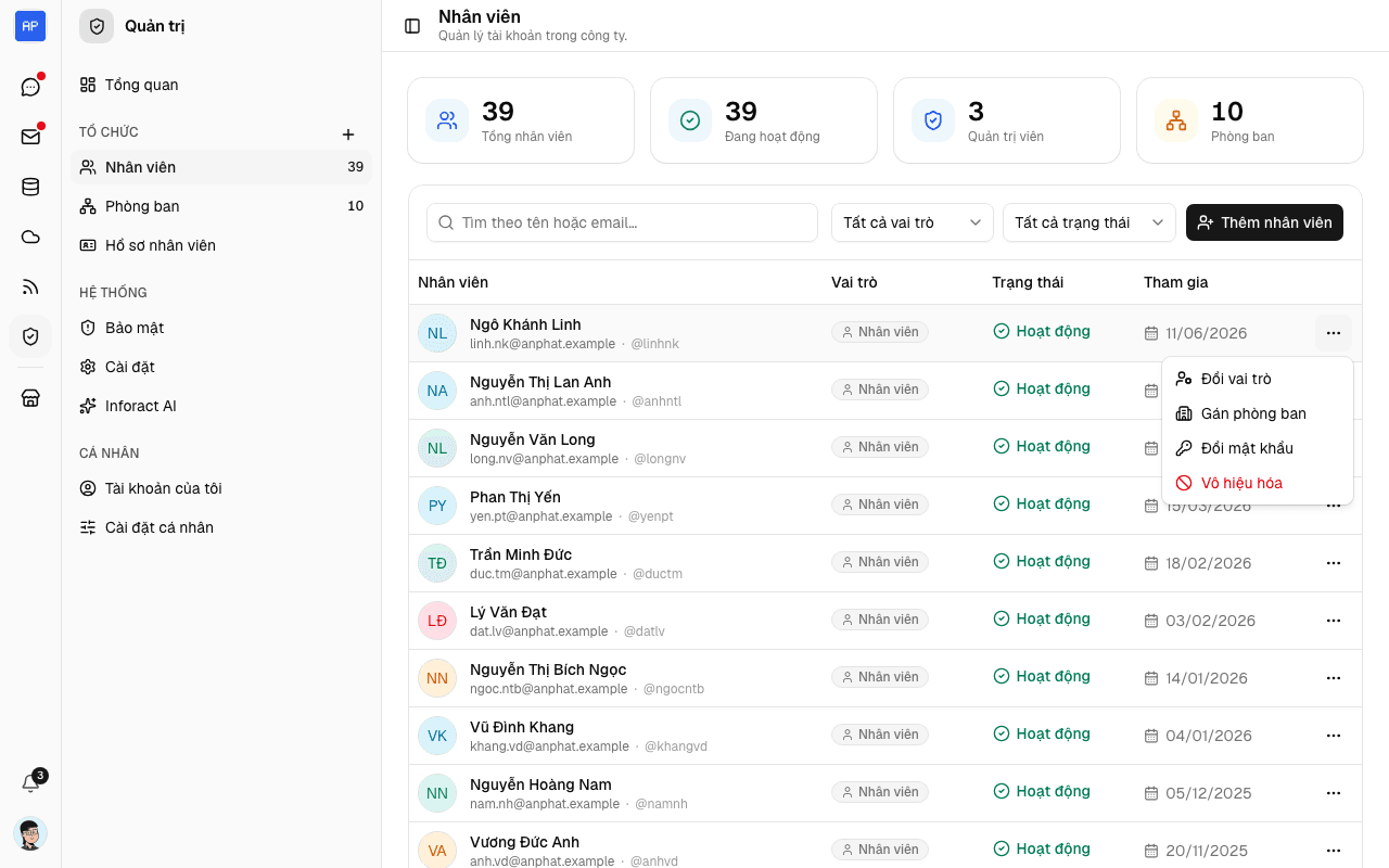 Menu thao tác trên dòng nhân viên có mục Phong Super admin