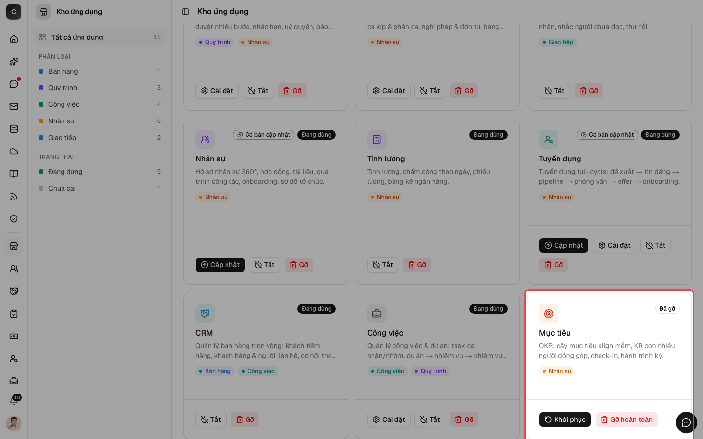 Thẻ ứng dụng ở trạng thái Đã gỡ