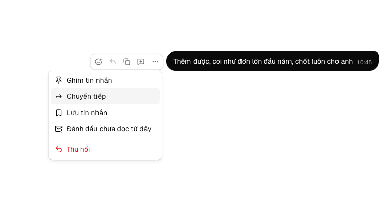 Menu thao tác khác của tin nhắn