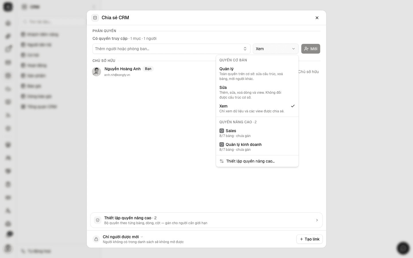 Chọn vai trò CRM trong hộp thoại chia sẻ