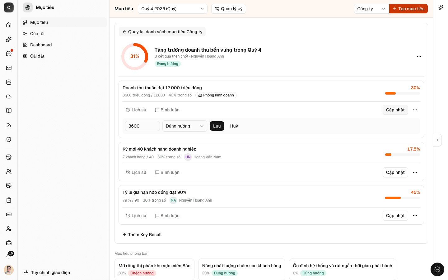 Ô cập nhật số liệu Key Result