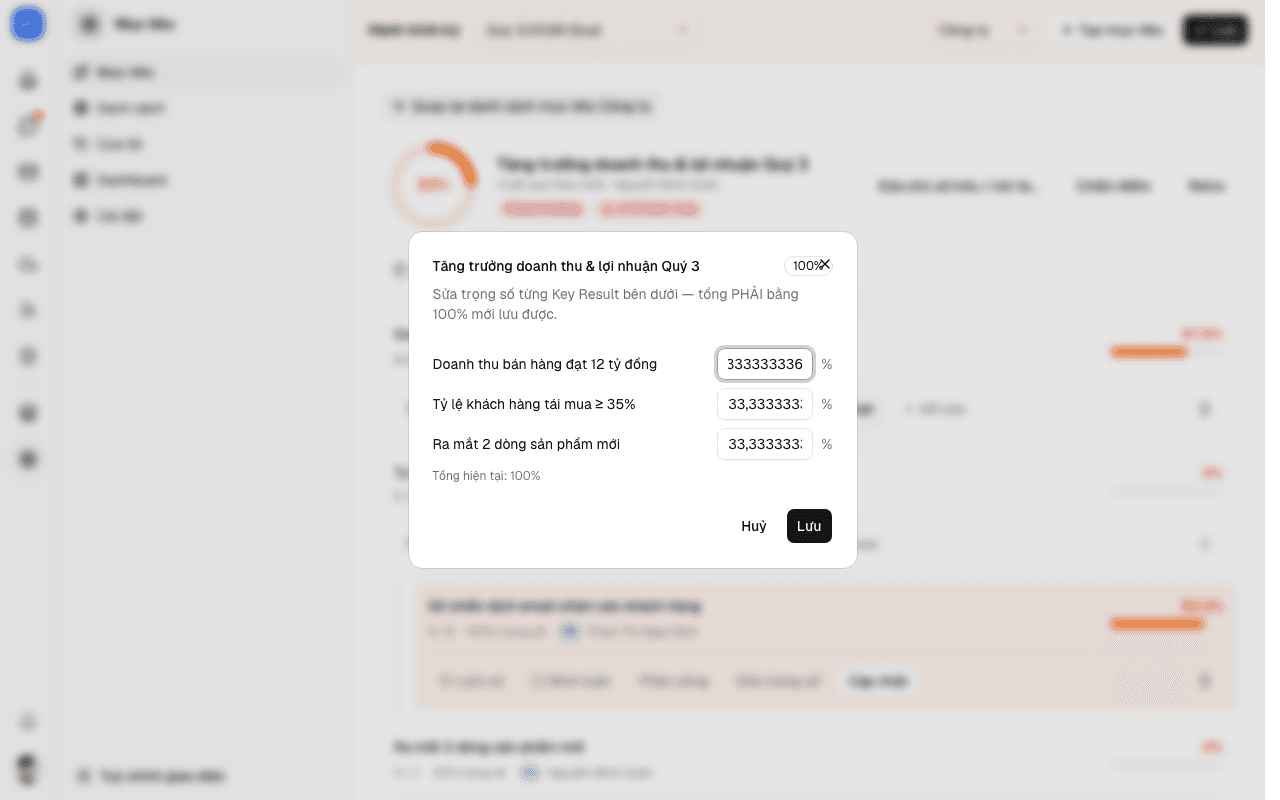 Hộp thoại sửa trọng số cả nhóm Key Result