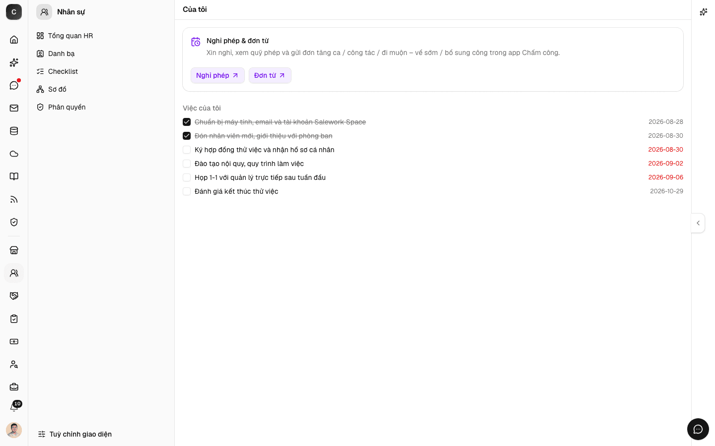 Trang Của tôi trong app Nhân sự