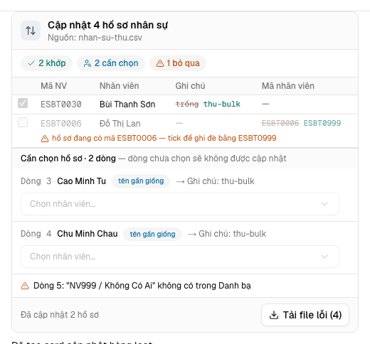 Thẻ xác nhận cập nhật nhân sự hàng loạt