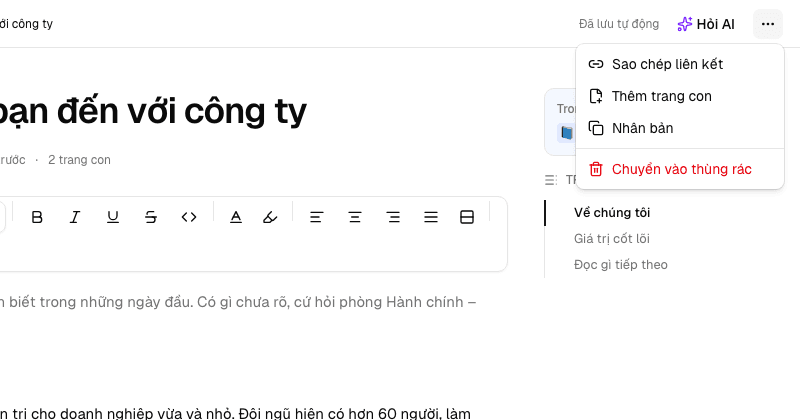 Menu thao tác của trang