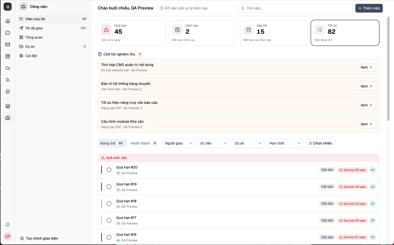 Việc của tôi — trang mặc định khi mở app Công việc